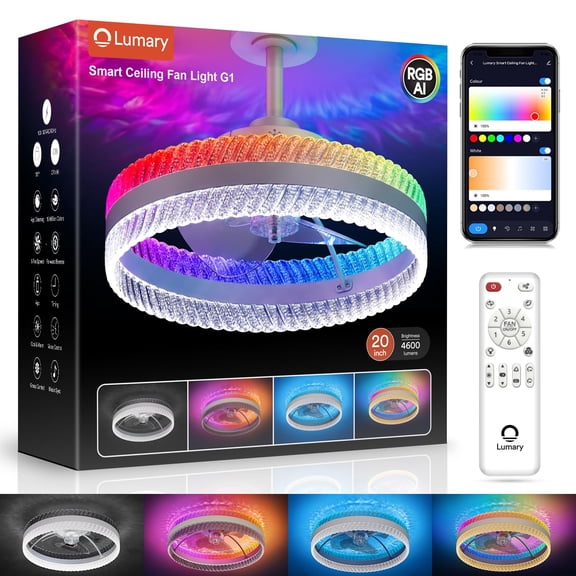 Lumary Smart Ceiling Fan with Lights 20 Inch RGBAI Feather Projection Modern Crystal