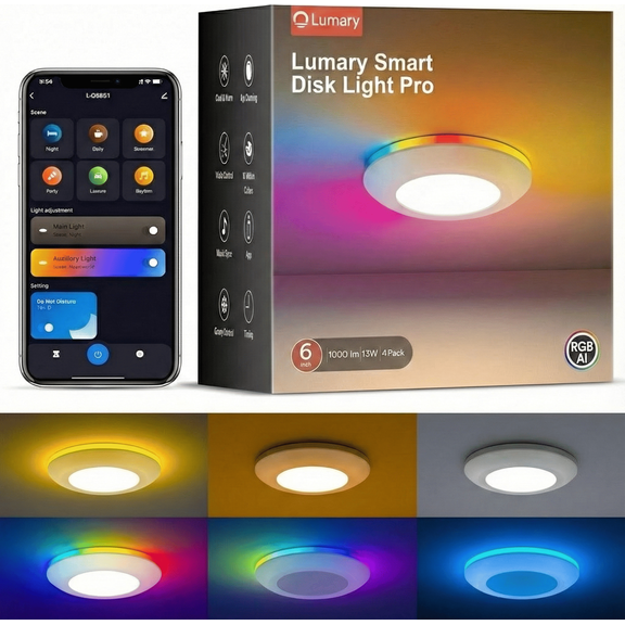 Lumary Smart Disk Light Pro 5/6 Inch LED Recessed Lighting RGBAI Color Changing WiFi Flush Mount 4 Pack