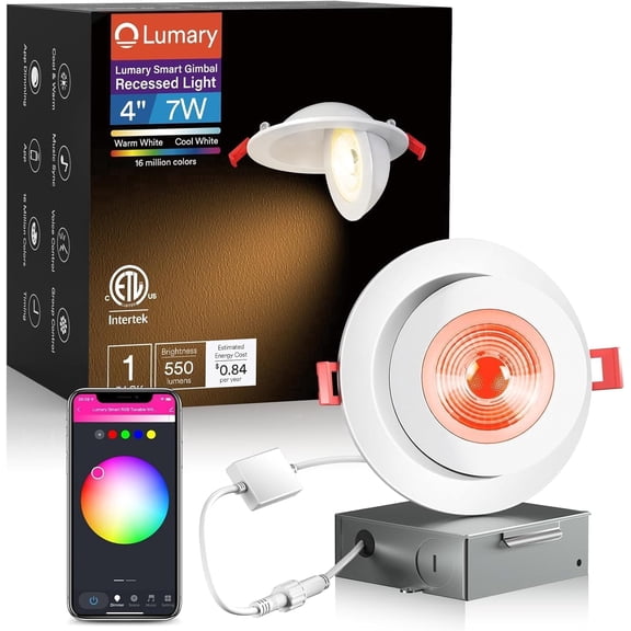Lumary Smart Gimbal Recessed Light 4 Inch RGBCW LED 360°&90° Adjustable COB Eyeball Ceiling Light Voice Control 7W Canless Downlight ETL Listed 1 Pack