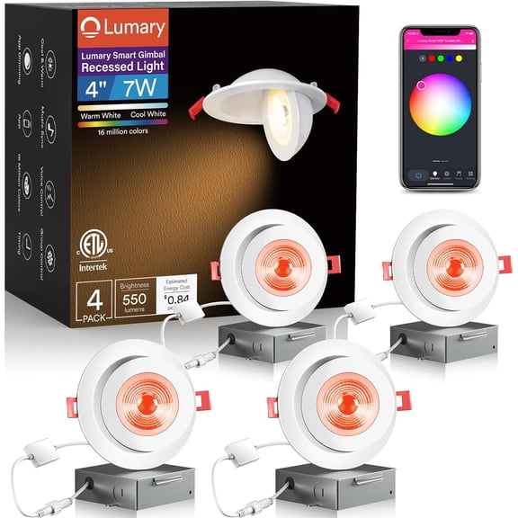 Lumary Smart Gimbal Recessed Light 4 Inch RGBCW LED 360&90 Adjustable COB Eyeball Ceiling Light Voice Control 7W Canless Downlight ETL Listed 4 Pack