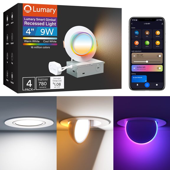 Lumary Smart Gimbal Recessed Light RGBAI Adjustable Color Temperature Modern Aluminum 4 Inch 4 Pack