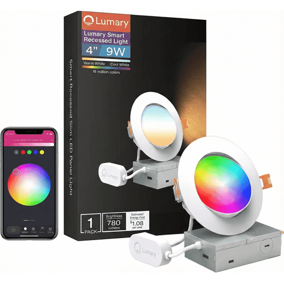 Lumary Smart Gimbal Recessed Lighting 6 Inch RGBWW LED Downlight 355°+20° Rotation Voice Control 1 Pack