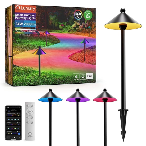 Lumary IP65 Waterproof Smart LED Outdoor Pathway Lights Umbrella Shaped RGBAI Color Changing with Remote Black Aluminum 4 Pack