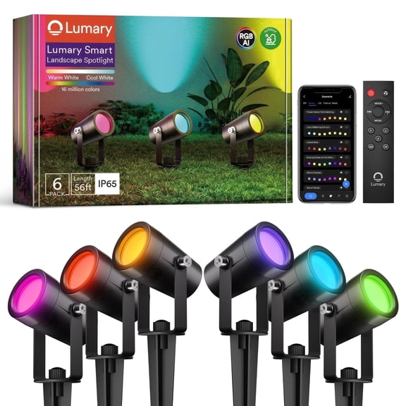 Lumary Smart Landscape Lights Gen2, 6 Pack RGBAIWW Low Voltage Outdoor Spotlights, 2.4GHz WiFi App Control, Works with Alexa and Google Assistant, IP65 Metal Light Housing, 56 ft Total Cable Length