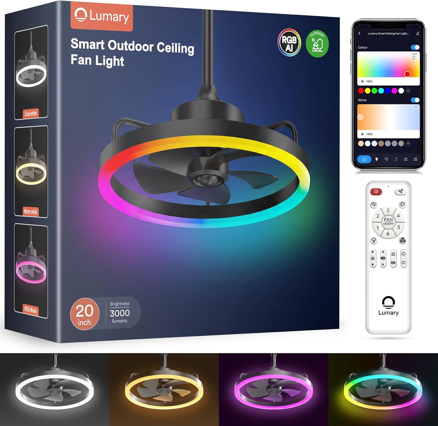 Lumary Smart Outdoor Ceiling Fan with Light IP65 Waterproof Caged Iron RGB Color Changing Remote Control 20 Inch