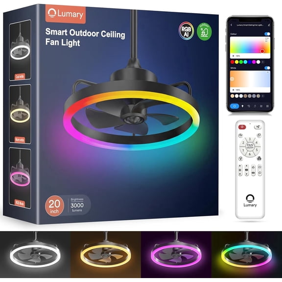 Lumary Smart Outdoor Ceiling Fan with Light IP65 Waterproof Caged Iron RGB Color Changing Remote Control 20 Inch