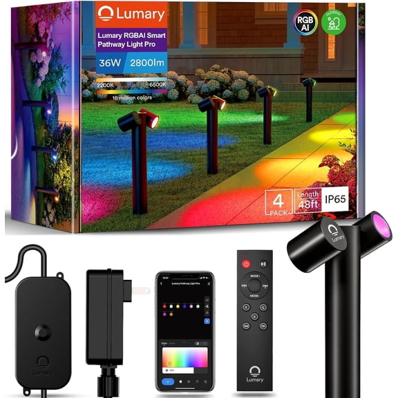 Lumary Smart Pathway Lights Pro IP65 Waterproof RGBAICW Aluminum Dual Head Landscape Lighting 48FT 4 Pack