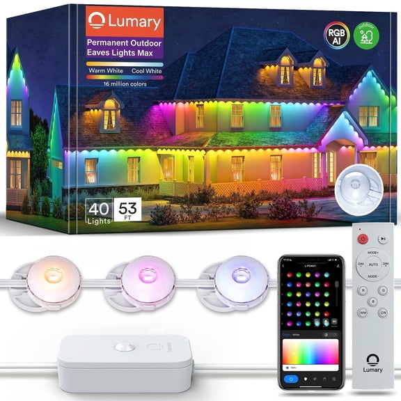 Lumary Smart Permanent Outdoor Lights 53 FT 40 LED RGBAICW Waterproof Eave Lighting Plastic
