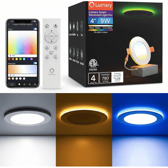 Lumary Smart Recessed Light Pro 4 Inch RGB Night Ring Light LED Wafer Downlight 9W WiFi Voice Control Canless with Junction Box 4 Pack