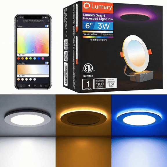Lumary Smart Recessed Light Pro 6 Inch LED Canless Wafer Downlight 13W RGBCW Night Light WiFi Color Changing with Junction Box 1 Pack