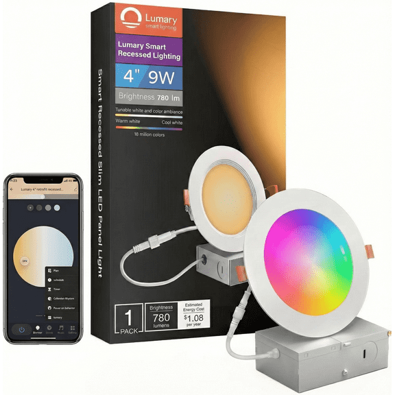 Lumary Smart Recessed Lighting 4 Inch RGBWW LED Canless Wafer Ceiling Downlights Metal Baffle Trim with Remote 9W 780LM 1 Pack