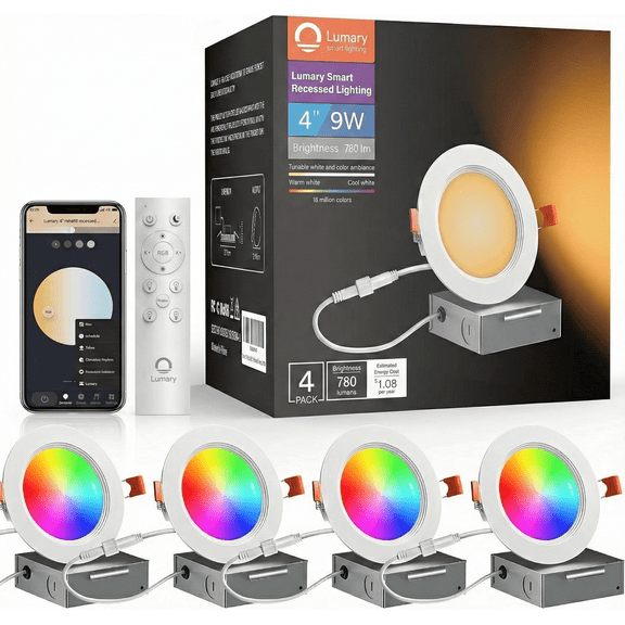 Lumary Smart Recessed Lighting 4 Inch RGBWW LED Canless Wafer Ceiling Downlights Metal Baffle Trim with Remote 9W 780LM 4 Pack