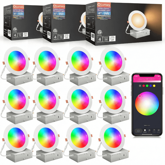 Lumary Smart Recessed Lighting 4 Inch WiFi LED Wafer Downlights RGBWW Ultra Thin Canless with J-Box Compatible with Alexa Google Assistant 12 Pack