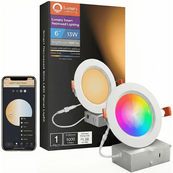 Lumary Smart Recessed Lighting 6 Inch RGBWW LED Canless Wafer Downlight 13W 1000Lm Metal Baffle Trim 1 Pack