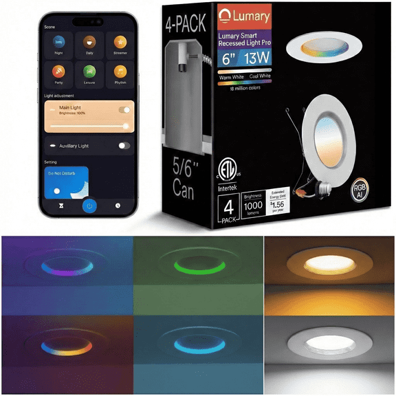 Lumary Smart Retrofit Recessed Lighting 6 Inch RGBAI Ring LED Downlight 13W WiFi Voice Control 4 Pack