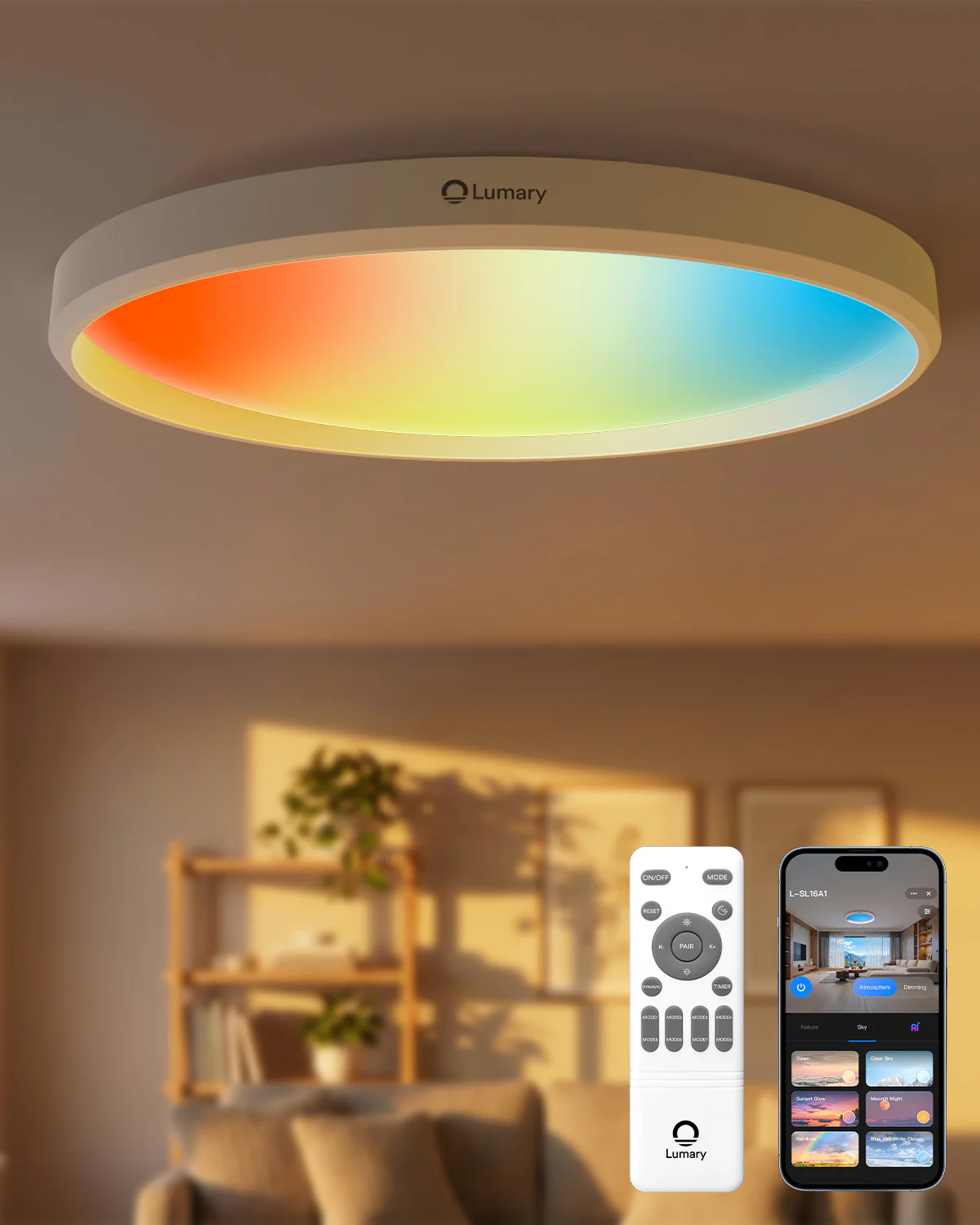 Lumary Smart Flush Mount Skylora Sky Light 1800K to 12000K Full Spectrum Metal Ceiling Light 16.73 Inch 1 Pack
