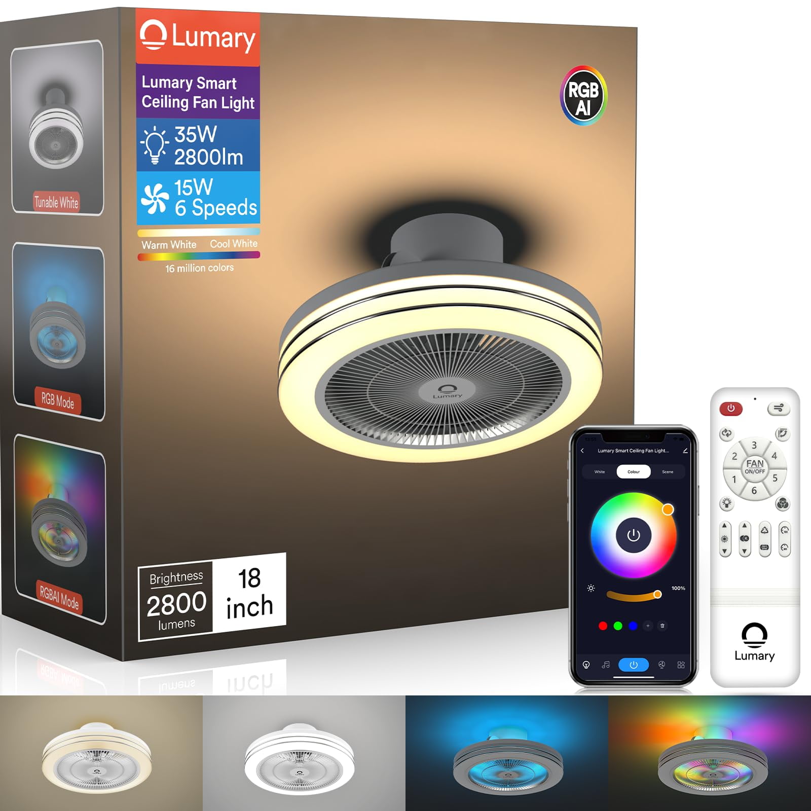 Lumary Smart WiFi & Bluetooth Ceiling Fan with RGBAI Light 35W 18 Inch ...