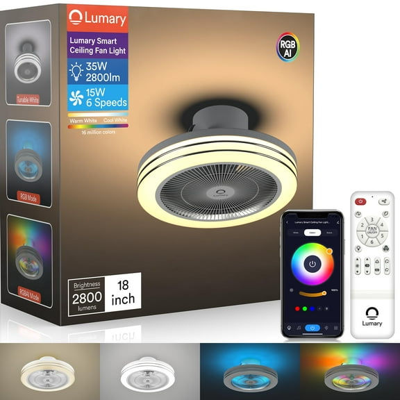 Lumary Smart WiFi & Bluetooth Ceiling Fan with RGBAI Light 35W 18 Inch 6 Speeds Reversible Low Profile Flush Mount Ceiling Fan Work with Alexa/Google Assistant/Remote Control for Bedroom Living Room