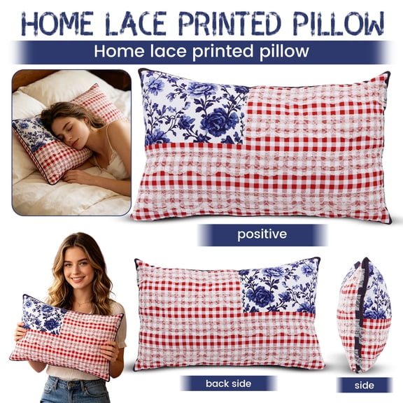 Lumbar Pillow for Chair, Country Home Decor, Navy Blue Decor, Red Decorations, 15X9 Inch Floral Printed Lace Trimmed Gingham Cushion, 100% Polyester Fill for Dining Room, Porch