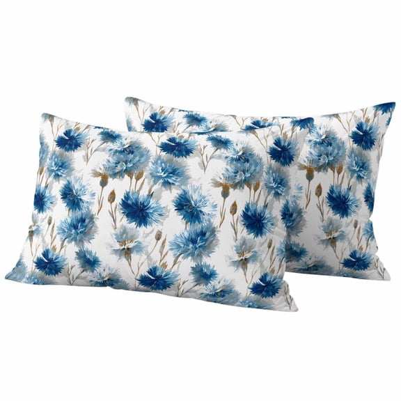 Lumbar Pillow Covers 12 x 20 Inches, Blue Floral Waterproof Throw Pillow Cover Set of 2, Vintage Cornflower Leaves Rustic Plants Decorative Rectangle Cushion Covers for Patio/Tent/Couch/Garden
