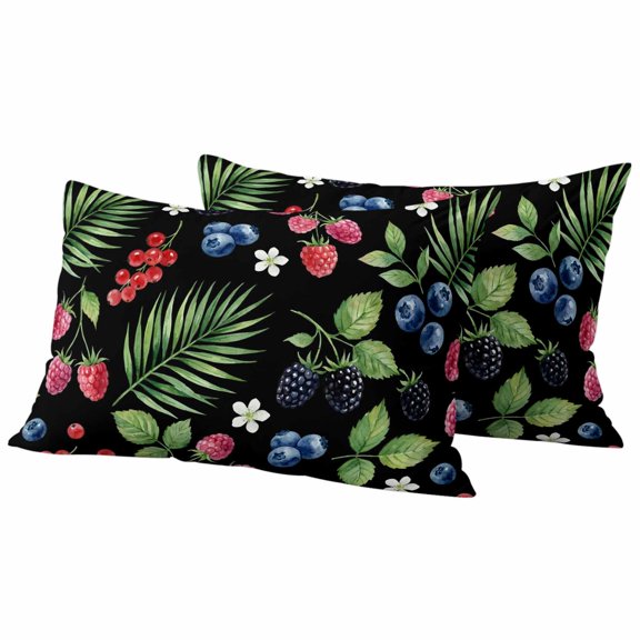 Lumbar Pillow Covers 12 x 20 Inches, Botanical Fruit Waterproof Throw Pillow Cover Set of 2, Retro Blueberry Raspberry Leaves Black Decorative Rectangle Cushion Covers for Patio/Tent/Couch/Garden