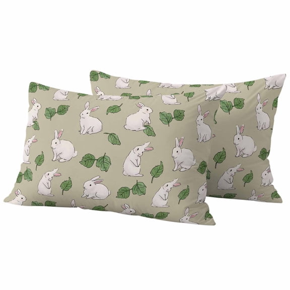 Lumbar Pillow Covers 12 x 20 Inches, Cute Rabbits Waterproof Throw Pillow Cover Set of 2, Country Leaves Botanical Cartoon Bunny Beige Decorative Rectangle Cushion Covers for Patio/Tent/Couch/Garden