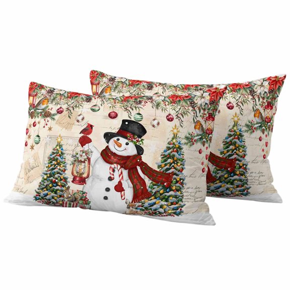Lumbar Pillow Covers 12 x 20 Inches, Red Beige Christmas Waterproof Throw Pillow Cover Set of 2, Snowman Xmas Tree Ball Snowflake Winter Decorative Rectangle Cushion Covers for Patio/Tent/Garden