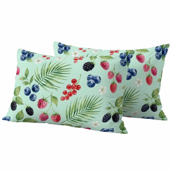Lumbar Pillow Covers 12 x 20 Inches, Summer Berry Waterproof Throw Pillow Cover Set of 2, Botanical Blueberry Raspberry Flowers Leaves Decorative Rectangle Cushion Covers for Patio/Tent/Couch/Garden