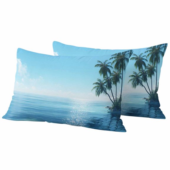 Lumbar Pillow Covers 12 x 20 Inches, Summer Palm Tree Waterproof Throw Pillow Cover Set of 2, Coastal Waves Sunshine Tropical Plants Decorative Rectangle Cushion Covers for Patio/Tent/Couch/Garden
