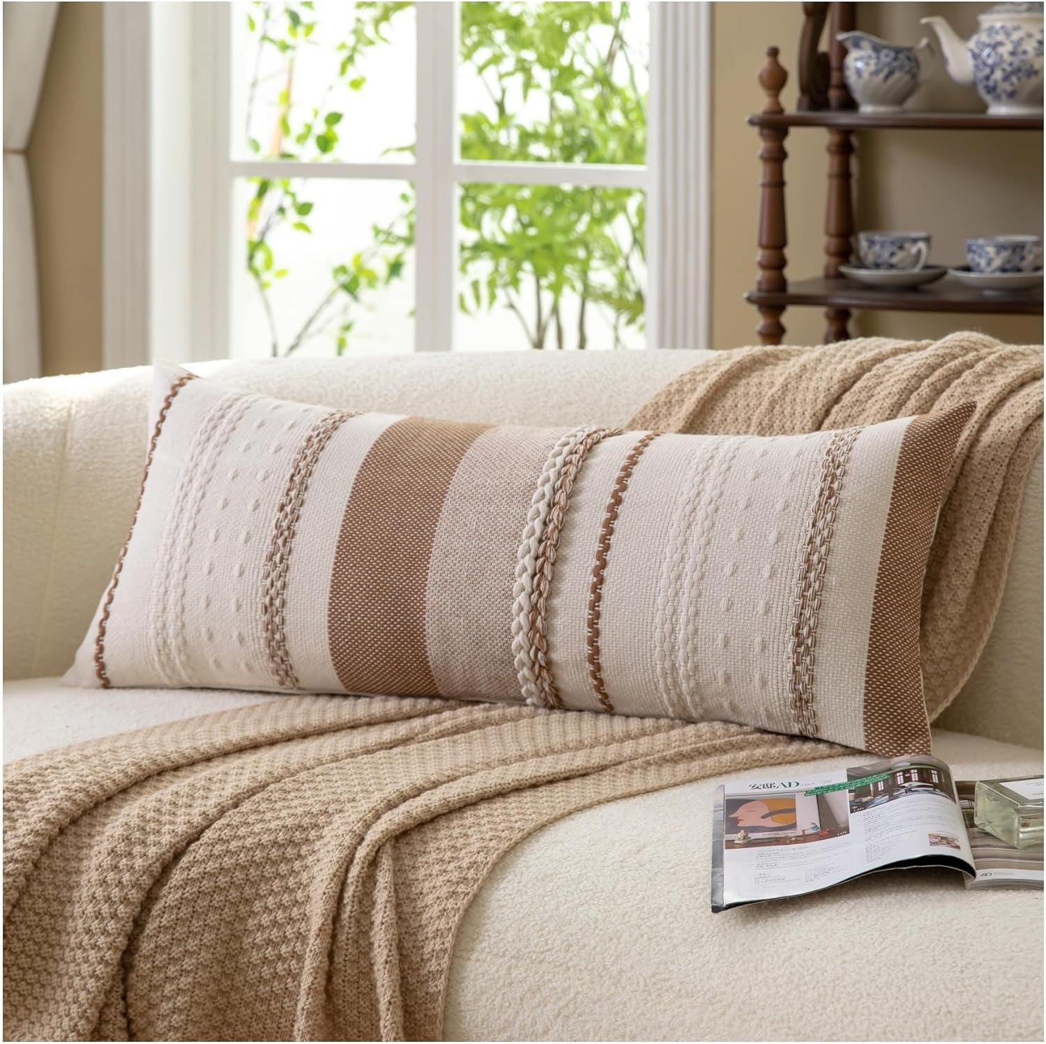 Lumbar Pillow Covers 14x36 Inch Long, Brown Textured Decorative Couch Pillow Cases for Farmhouse Home Decor, Accent Cushion Cover for Sofa, Bed, Living Room, Bedroom, Pack of 1