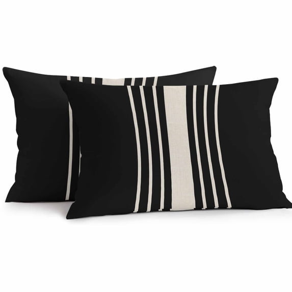 Lumbar Pillow Covers 20x12 Inch Set of 2, Black Beige Striped Waterproof Outdoor Pillow Covers, Modern Farmhouse Retro Lines Decorative Cushion Pillowcases for Couch, Sofa, Bed, Garden, Patio