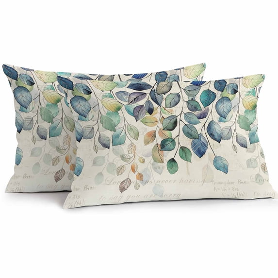 Lumbar Pillow Covers 20x12 Inch Set of 2, Blue Teal Botanical Waterproof Outdoor Pillow Covers, Weeping Fall Eucalyptus Leaves Rustic Decorative Cushion Pillowcases for Couch, Sofa, Bed, Patio