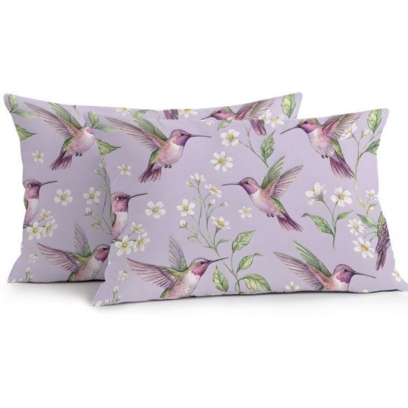Lumbar Pillow Covers 20x12 Inch Set of 2, Daisy Flowers Waterproof Outdoor Pillow Covers, Rustic Birds Floral Leaves Country Plants Purple Decorative Cushion Pillowcases for Patio Garden Couch Bed