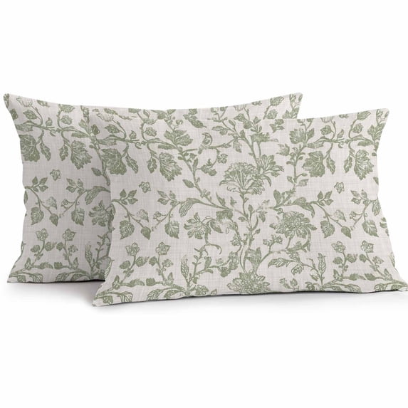 Lumbar Pillow Covers 20x12 Inch Set of 2, Farmhouse Sage Green Waterproof Outdoor Pillow Covers, Vintage Flower Leaf Botanical Decorative Cushion Pillowcases for Couch, Sofa, Bed, Garden, Patio