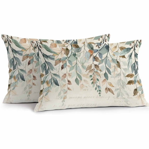 Lumbar Pillow Covers 20x12 Inch Set of 2, Green Brown Botanical Waterproof Outdoor Pillow Covers, Farmhouse Eucalyptus Leaves Rustic Decorative Cushion Pillowcases for Couch, Sofa, Bed, Garden, Patio