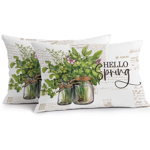 Lumbar Pillow Covers 20x12 Inch Set of 2, Hello Spring Waterproof Outdoor Pillow Covers, Pastoral Green Botanical Farmhouse Decorative Cushion Pillowcases for Couch, Sofa, Bed, Garden, Patio