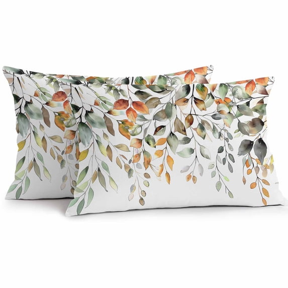 Lumbar Pillow Covers 20x12 Inch Set of 2, Orange Green Eucalyptus Leaves Waterproof Outdoor Pillow Covers, Fall Botanical Watercolor Decorative Cushion Pillowcases for Couch, Sofa, Bed, Garden, Patio