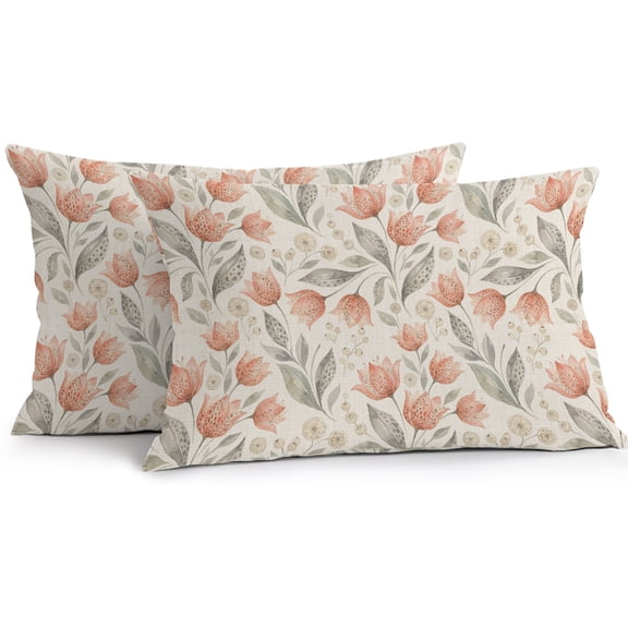 Lumbar Pillow Covers 20x12 Inch Set of 2, Peach Floral Waterproof Outdoor Pillow Covers, Farmhouse Botanical Garden Flowers Decorative Cushion Pillowcases for Couch, Sofa, Bed, Garden, Patio