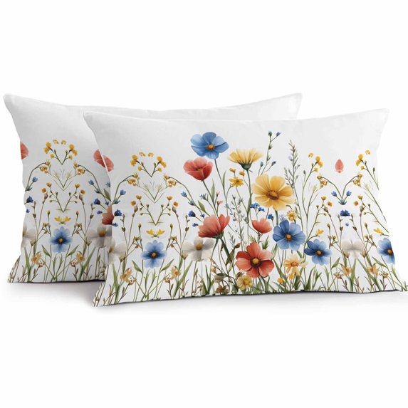 Lumbar Pillow Covers 20x12 Inch Set of 2, Red Blue Yellow Spring Floral Waterproof Outdoor Pillow Covers, Blooming Summer Botanical Decorative Cushion Pillowcases for Couch, Sofa, Bed, Garden, Patio