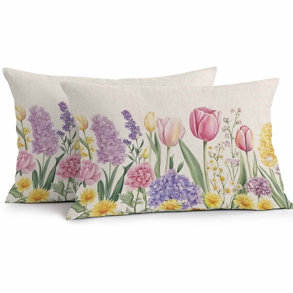 Lumbar Pillow Covers 20x12 Inch Set of 2, Spring Floral Waterproof Outdoor Pillow Covers, Pink Tulip Summer Botanical Rustic Decorative Cushion Pillowcases for Couch, Sofa, Bed, Garden, Patio