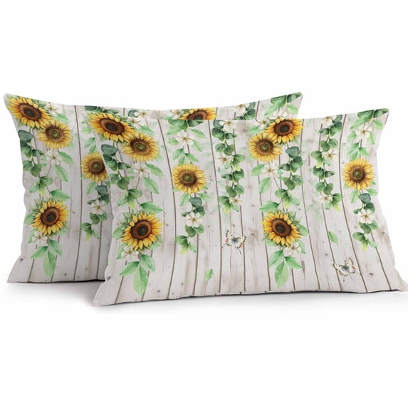 Lumbar Pillow Covers 20x12 Inch Set of 2, Sunflower Waterproof Outdoor Pillow Covers, Green Botanical Summer Spring Vintage Decorative Cushion Pillowcases for Couch, Sofa, Bed, Garden, Patio