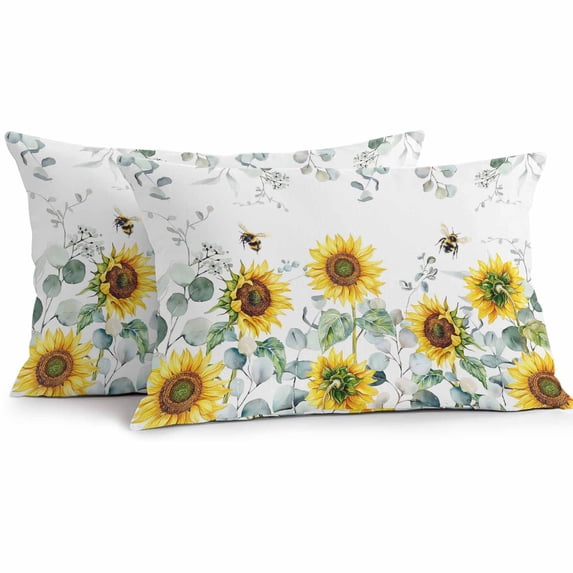 Lumbar Pillow Covers 20x12 Inch Set of 2, Sunflower Waterproof Outdoor Pillow Covers, Sage Green Summer Botanical Eucalyptus Farmhouse Bee Decorative Cushion Pillowcases for Couch, Sofa, Bed, Patio