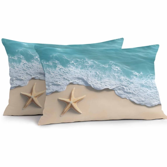 Lumbar Pillow Covers 20x12 Inch Set of 2, Teal Coastal Waterproof Outdoor Pillow Covers, Summer Beach Starfish Nautical Seaside Decorative Cushion Pillowcases for Couch, Sofa, Bed, Garden, Patio