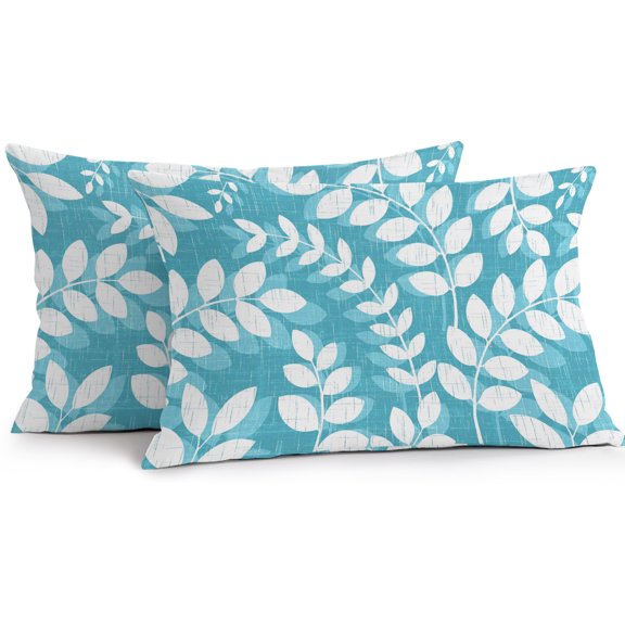Lumbar Pillow Covers 20x12 Inch Set of 2, Teal Cyan Leaves Waterproof Outdoor Pillow Covers, Farmhouse Botanical Branch Vintage Boho Leaf Decorative Cushion Pillowcases for Patio Garden Couch Bed