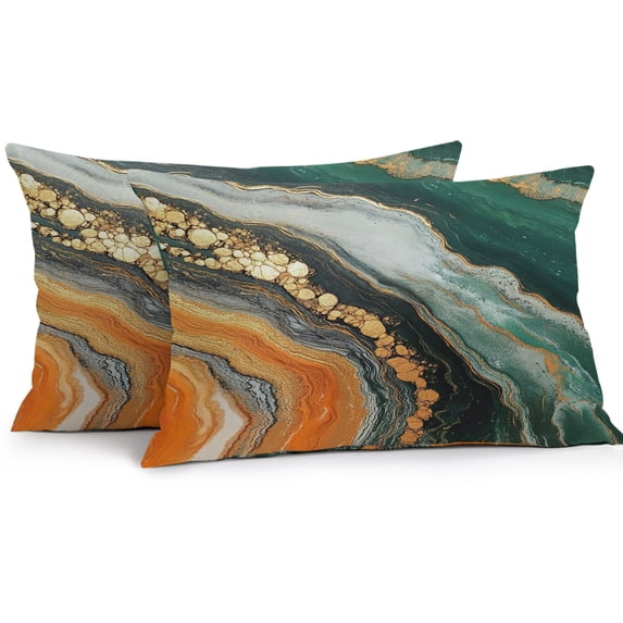 Lumbar Pillow Covers 20x12 Inch Set of 2, Teal Orange Marble Waterproof Outdoor Pillow Covers, Modern Ink Painting Striped Abstract Decorative Cushion Pillowcases for Couch, Sofa, Bed, Garden, Patio