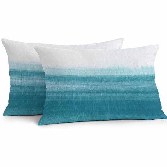 Lumbar Pillow Covers 20x12 Inch Set of 2, Turquoise White Ombre Waterproof Outdoor Pillow Covers, Modern Country Abstract Stripes Decorative Cushion Pillowcases for Couch, Sofa, Bed, Garden, Patio