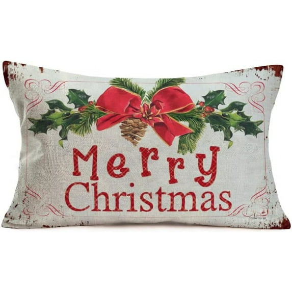 Lumbar Pillow Covers Vintage Merry Christmas Decorative Pillow Cover 12x20 Inch Lumbar Mistletoe Blessing Rectangle Pillows Decor Home Pillow Cases Cotton Linen for Xmas Sofa Couch (S08)