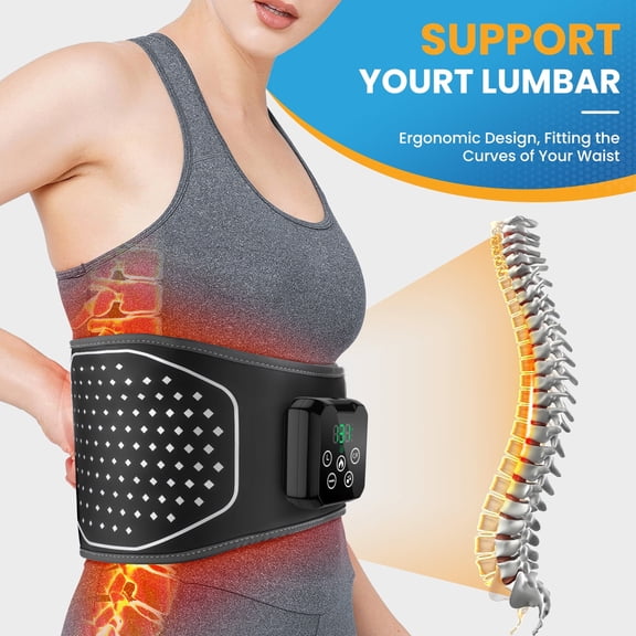 Lumbar Support Belt with Air Compression & Dual Vibration Massage, Adjustable Back Brace with 5-Level Heat Control, Rechargeable Waist Support Belt for Lower Back Support, Office, Driving Use, Black