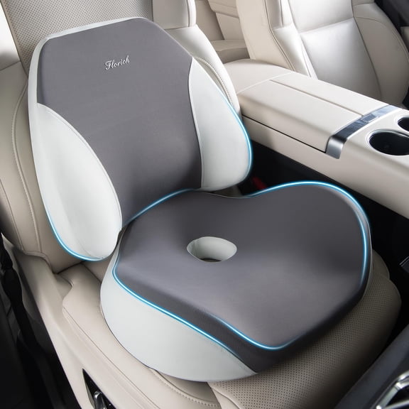 Lumbar Support Pillow and Car Seat Cushion for Driving Car Office Chair, Memory Foam Back Support Pillow and Office Seat Chair Cushion for Sciatica Pain Relief - Grey