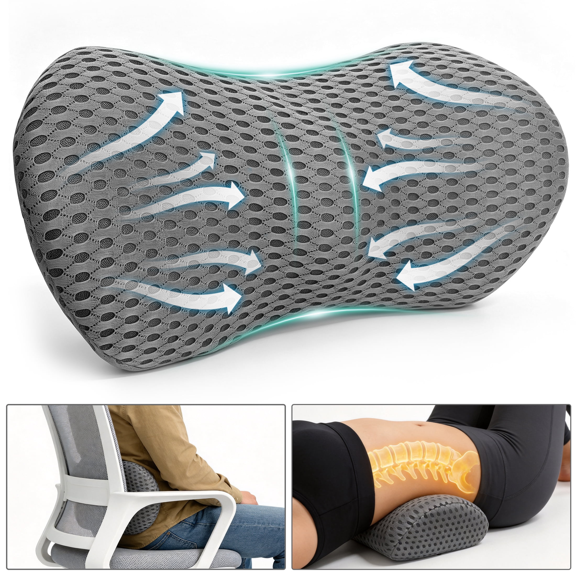 GARITIN Lumbar Support Pillow, Memory Foam Breathable Mesh Back Cushion for Office Chair Car Seat